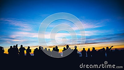 People travel nature. Travel relax. background silhouette People watching Sunrise and photographing the sea of â€‹â€‹fog on the Editorial Stock Photo